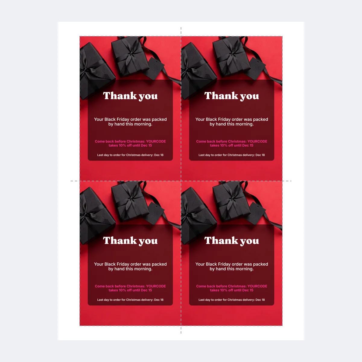 Letter print sheet with four 3.5 by 5 inch thank-you cards and dashed cut lines