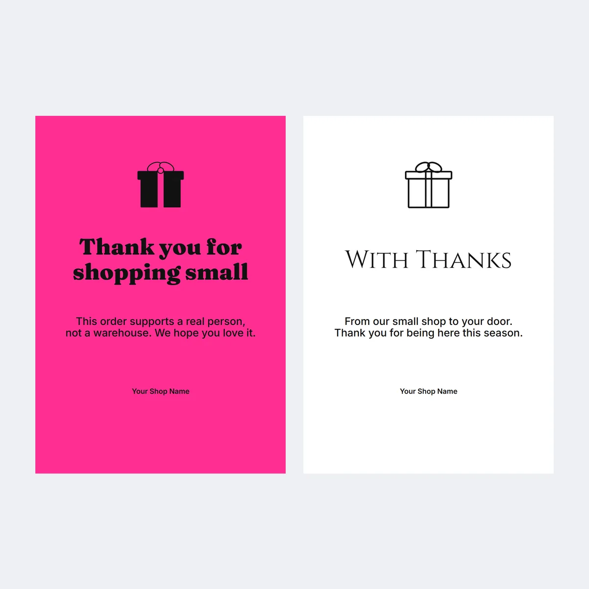 Two small-shop thank-you card templates in hot pink and white with no offer