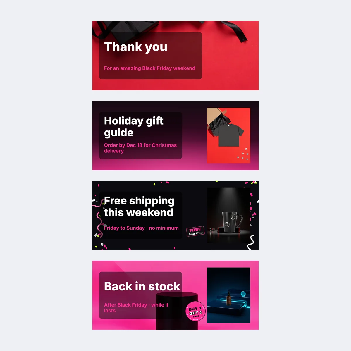 Four email header templates for the thank-you, gift guide, free shipping and back in stock emails