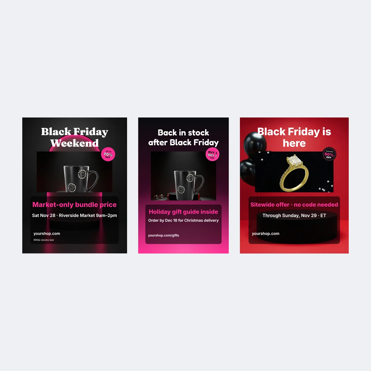Market weekend, gift guide and Instagram sale flyer templates with different products