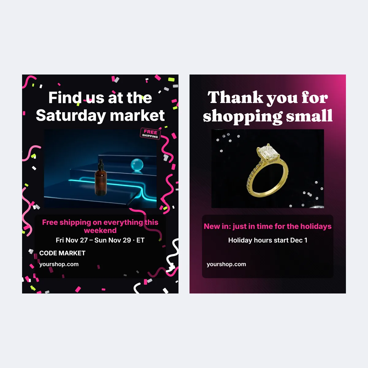 Two market handout flyer templates with stall details and a shop small thank-you