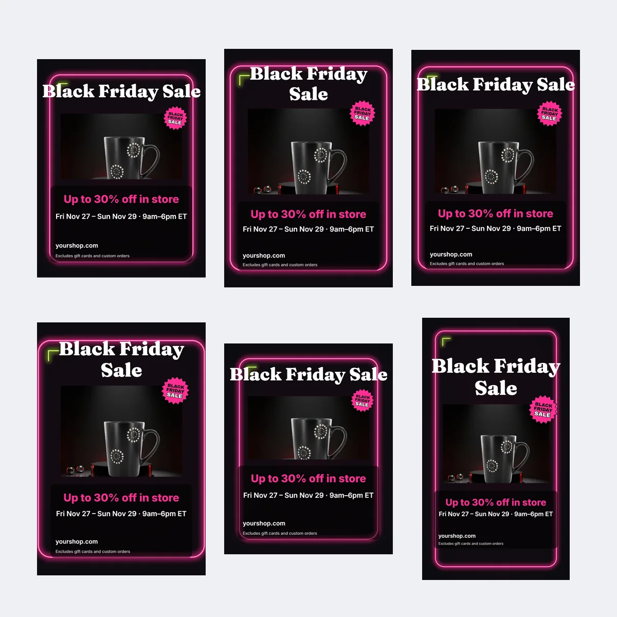 The window sale flyer template laid out at all six export sizes, Letter to Story