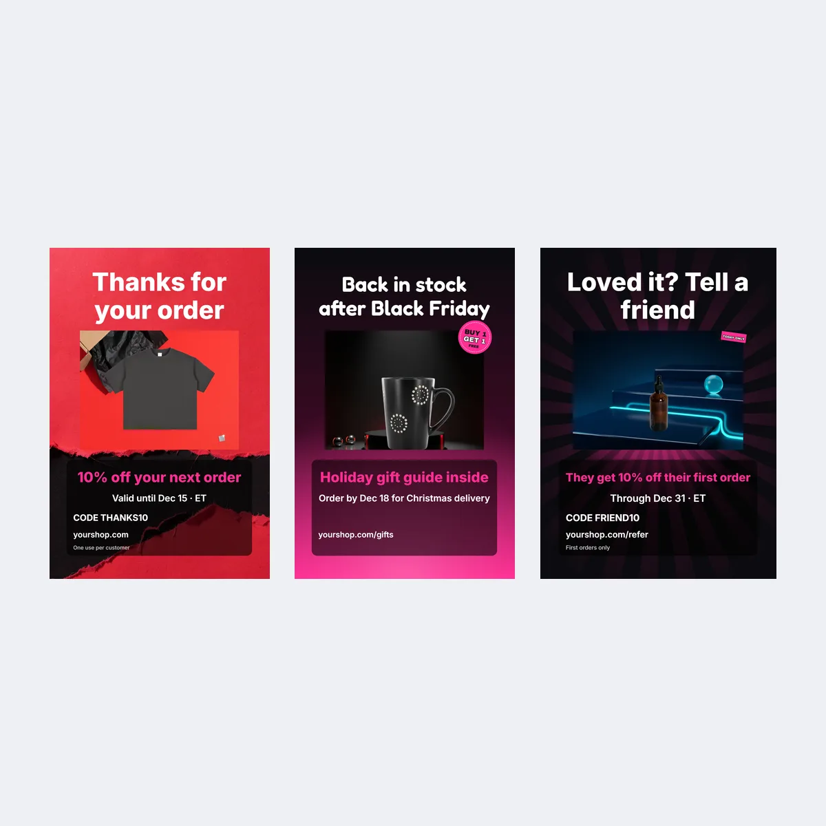 Three parcel insert flyer templates with a next-order code, a gift guide and a referral
