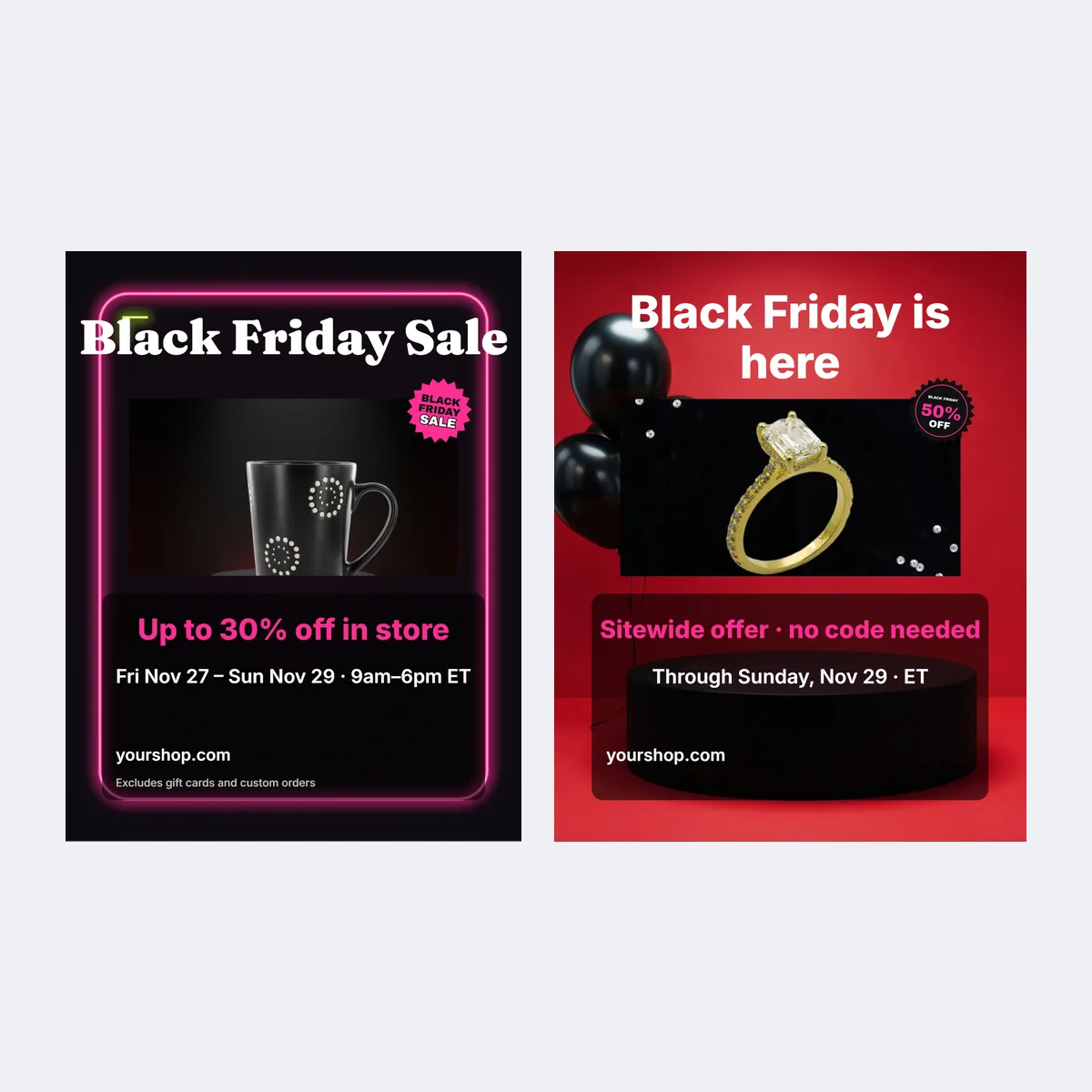 Letter window sale flyer and Instagram sale flyer templates side by side