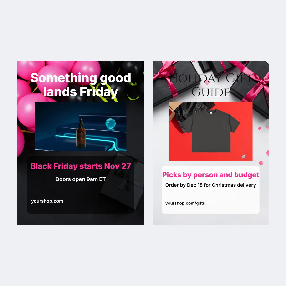 Window teaser flyer and gift guide flyer templates for the week before Black Friday