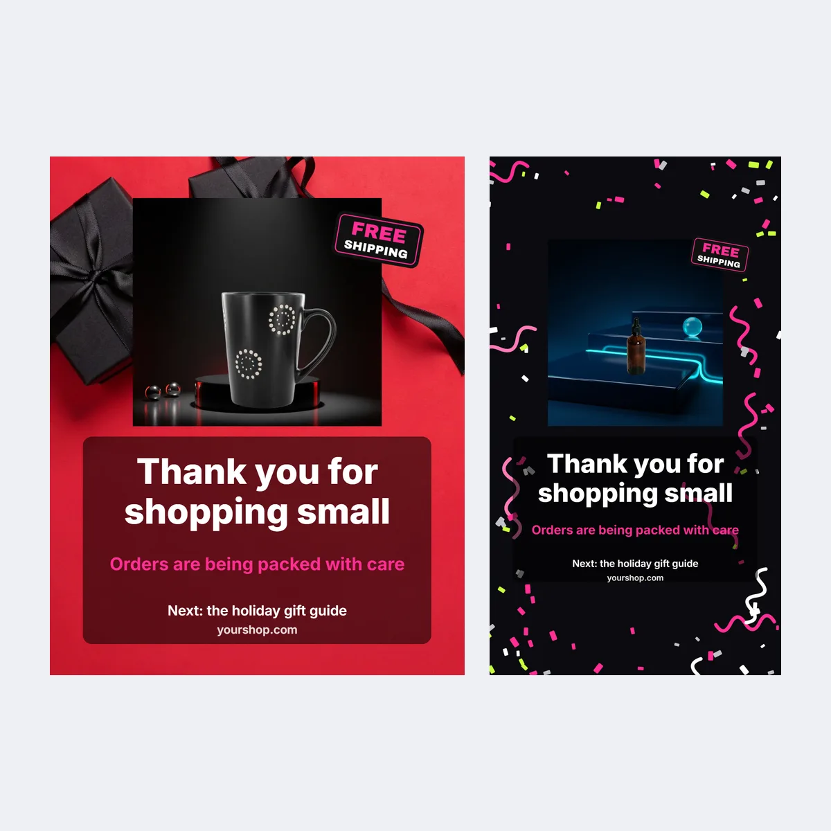 Thank-you social post templates in portrait and Story shapes for the days after the sale