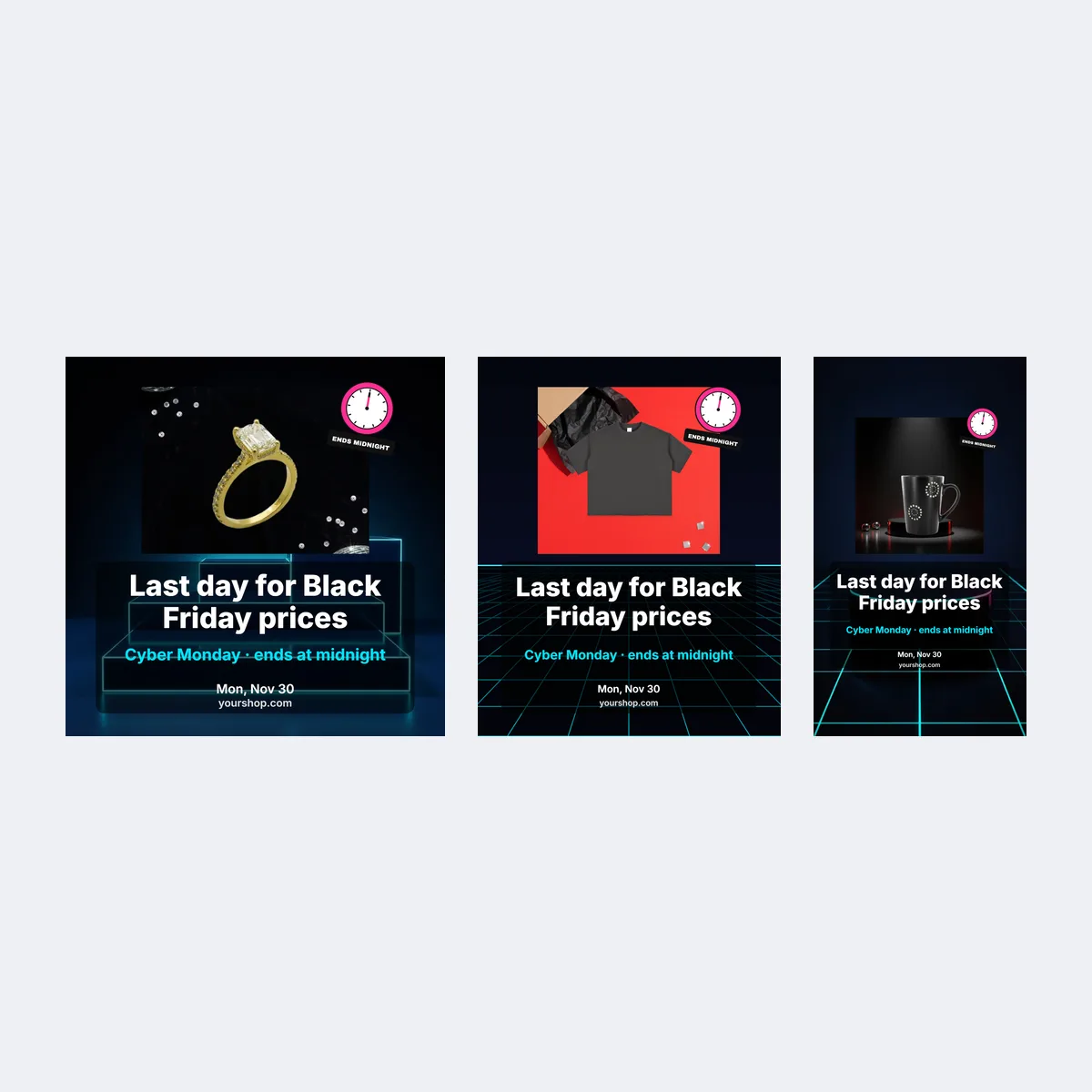 Cyber Monday social post template in square, portrait and Story shapes with a midnight end line