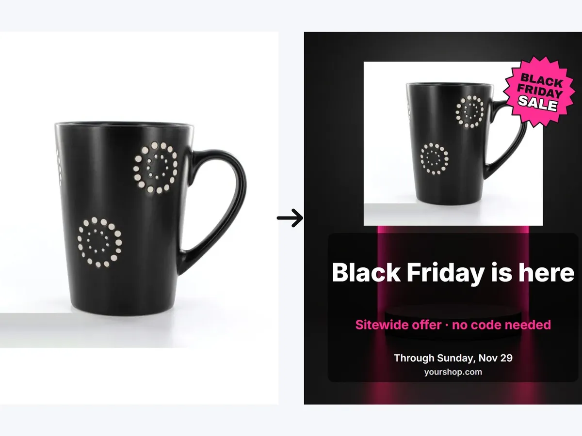 A plain mug product photo and the same photo inside a Black Friday sale post border