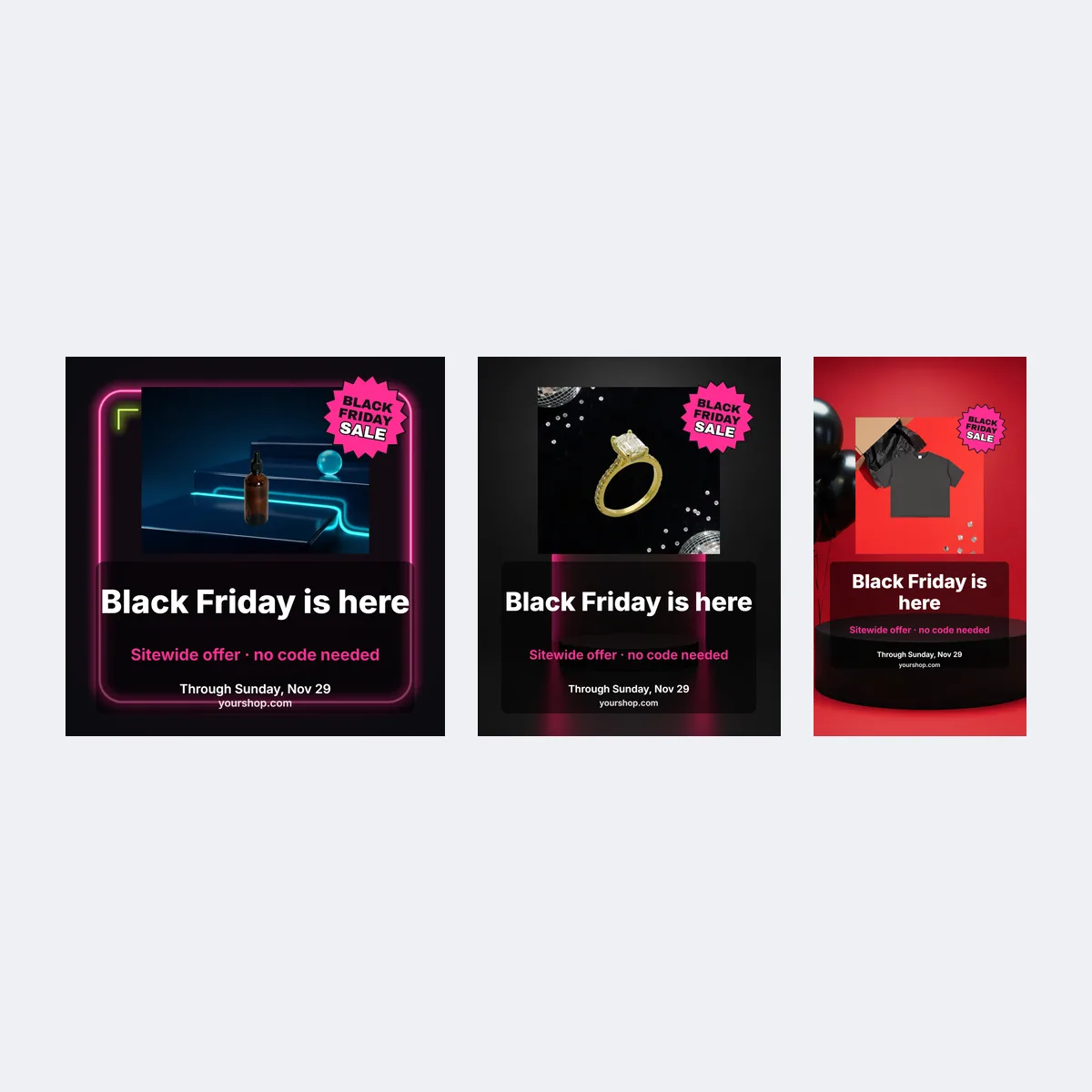 Black Friday sale post template in square, portrait and Story shapes with a product