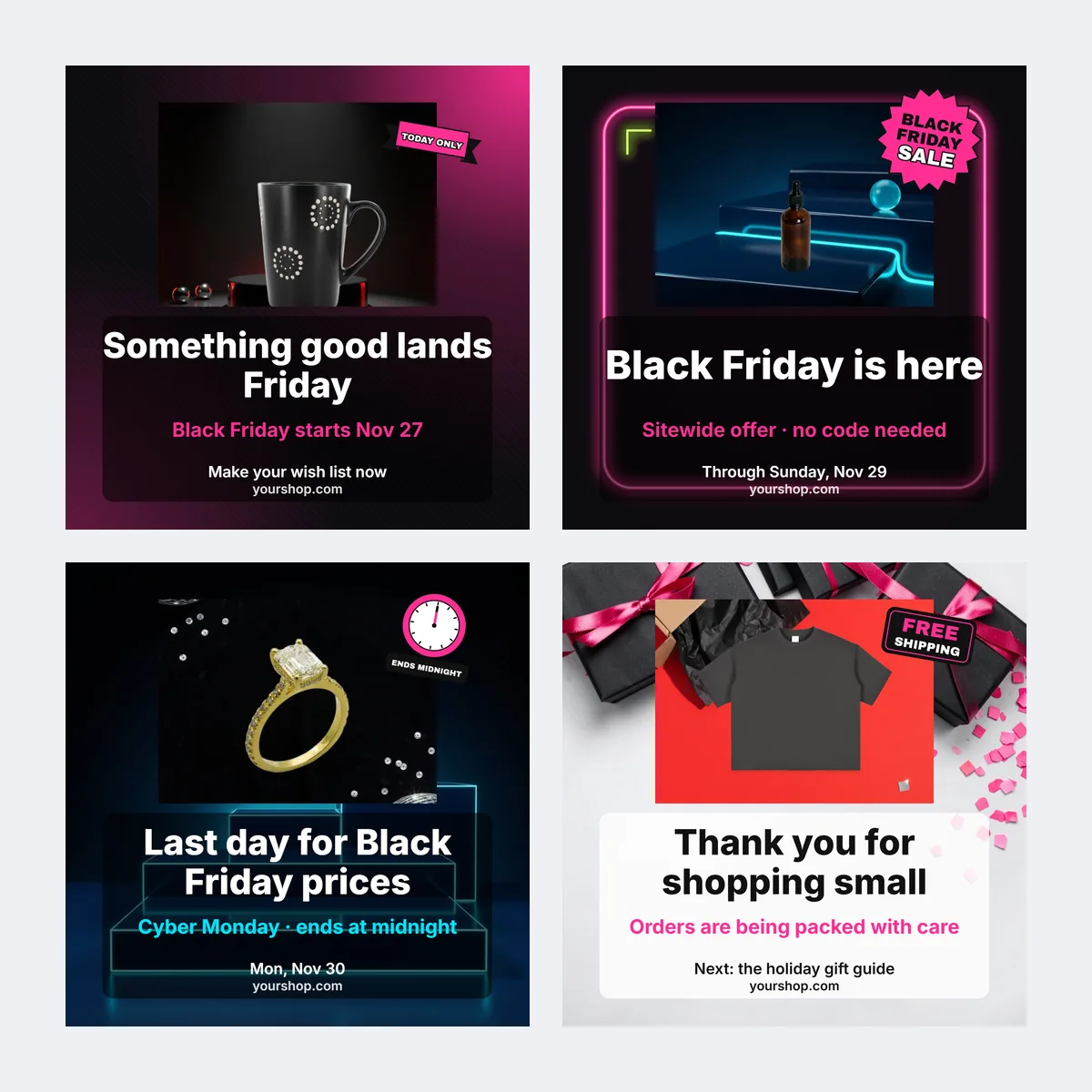 Four square Black Friday posts for the teaser, the sale, Cyber Monday and the thank-you