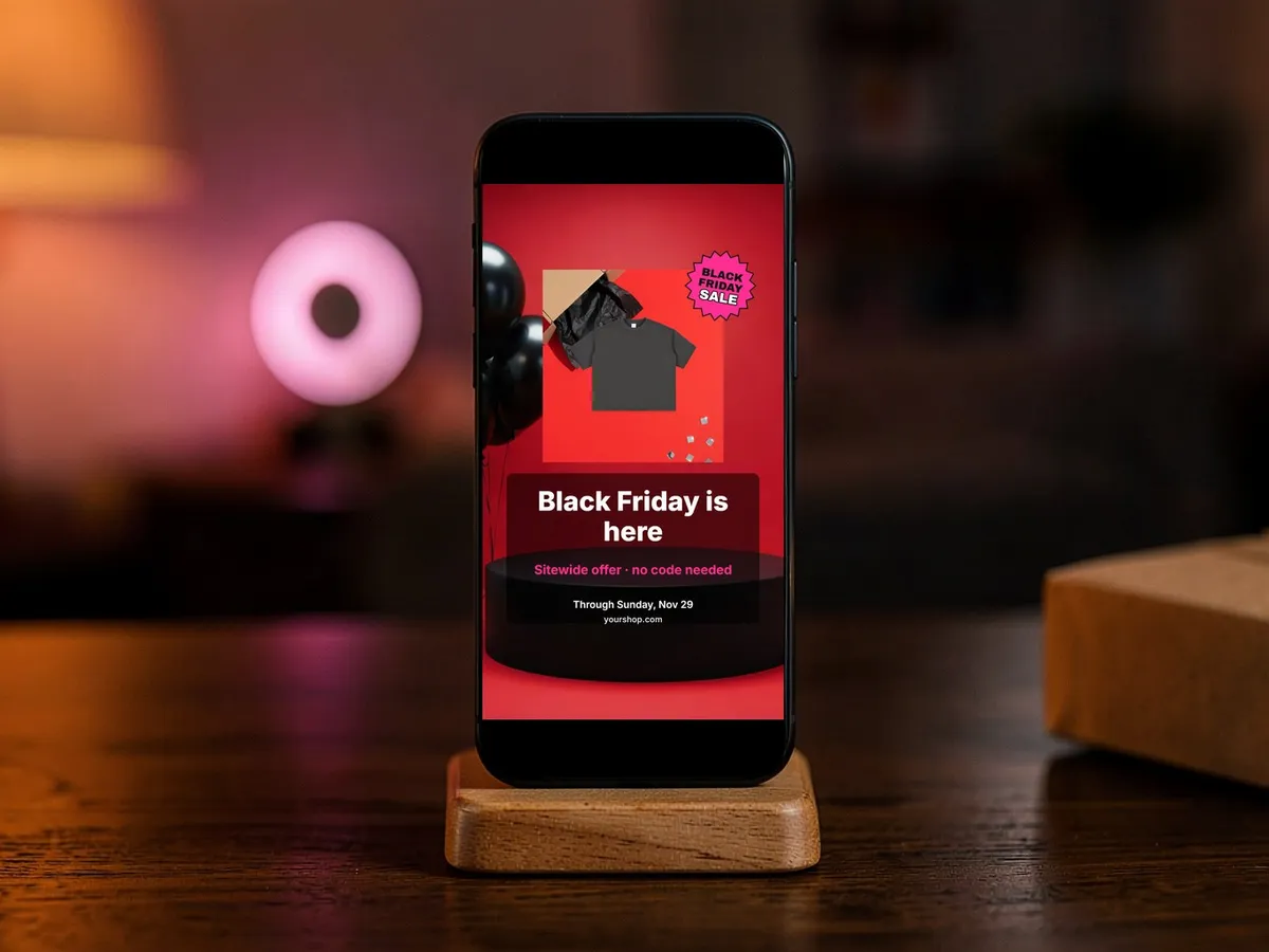 Phone on a wooden stand showing a 9:16 Black Friday Story post in warm pink light
