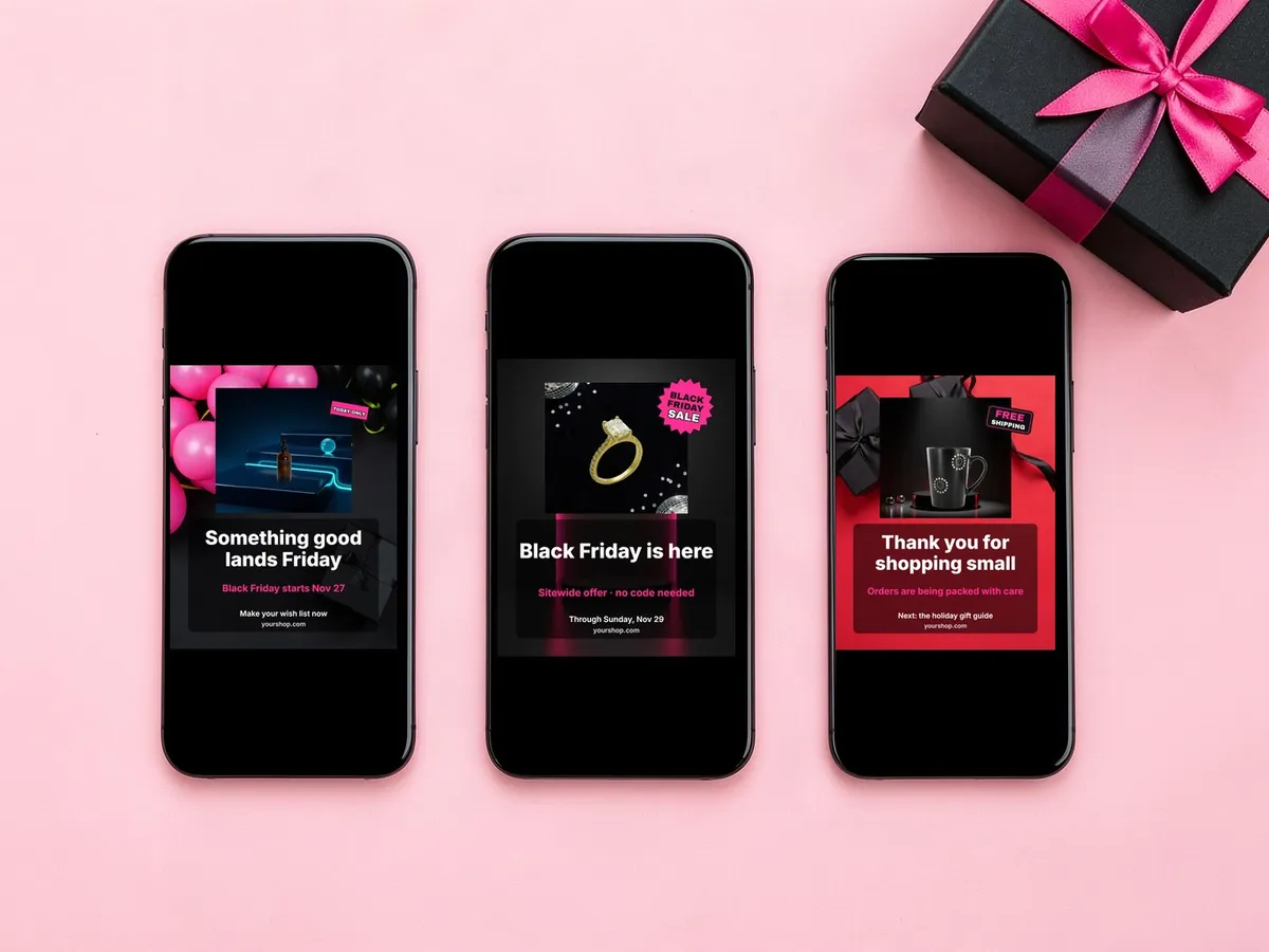 Three phones on pink paper showing a teaser post, a sale post and a thank-you post