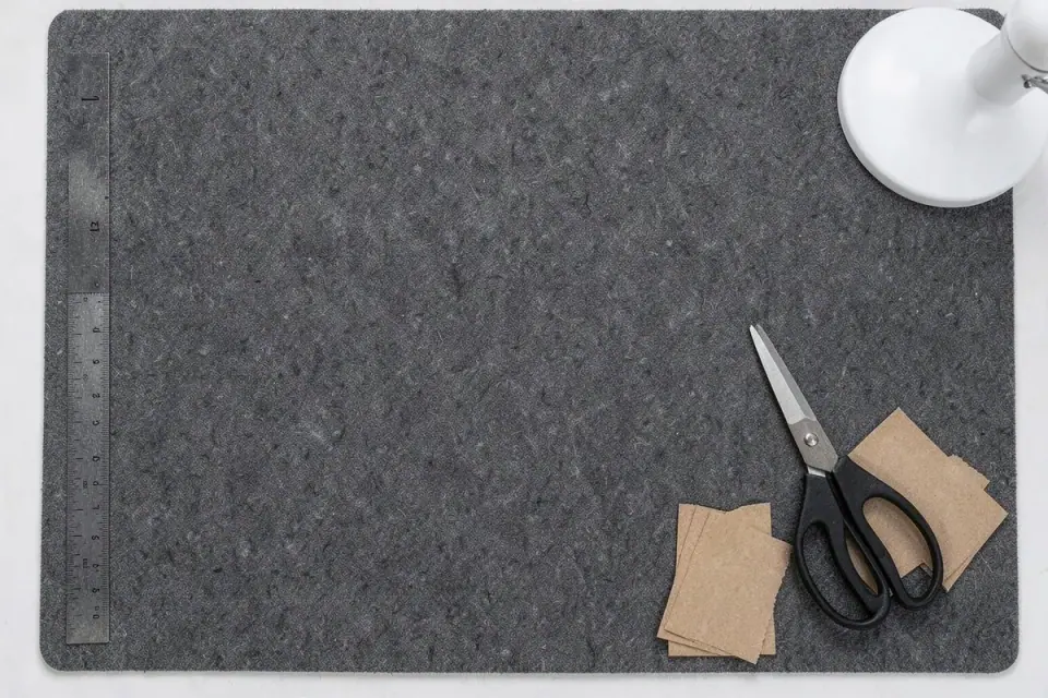 Gray felt cutting mat with a steel ruler, scissors and small kraft paper squares
