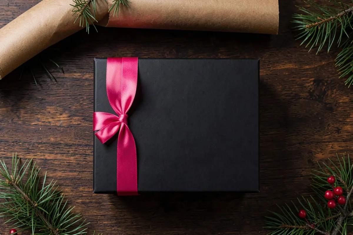 Dark wooden table with a black gift box, pink satin ribbon, pine sprigs and berries