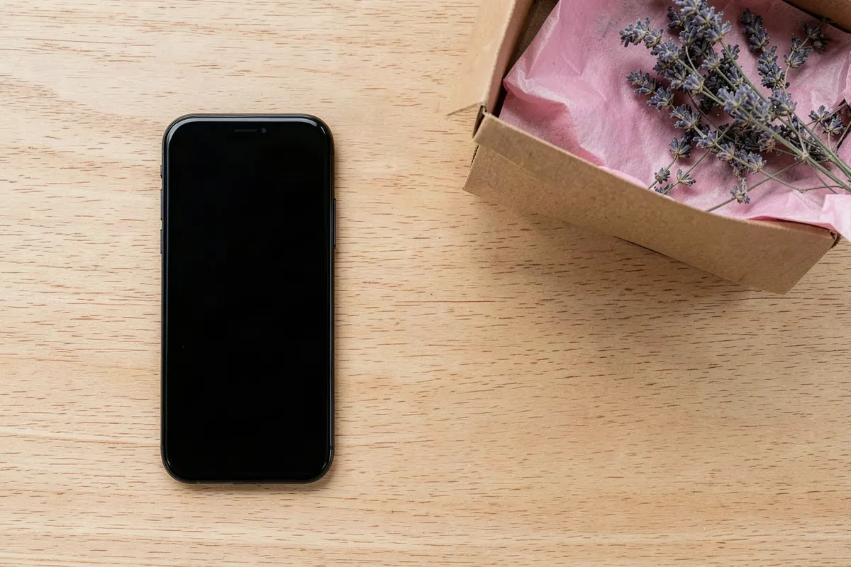 Oak desk with a phone, an opened kraft parcel, pink tissue paper and lavender