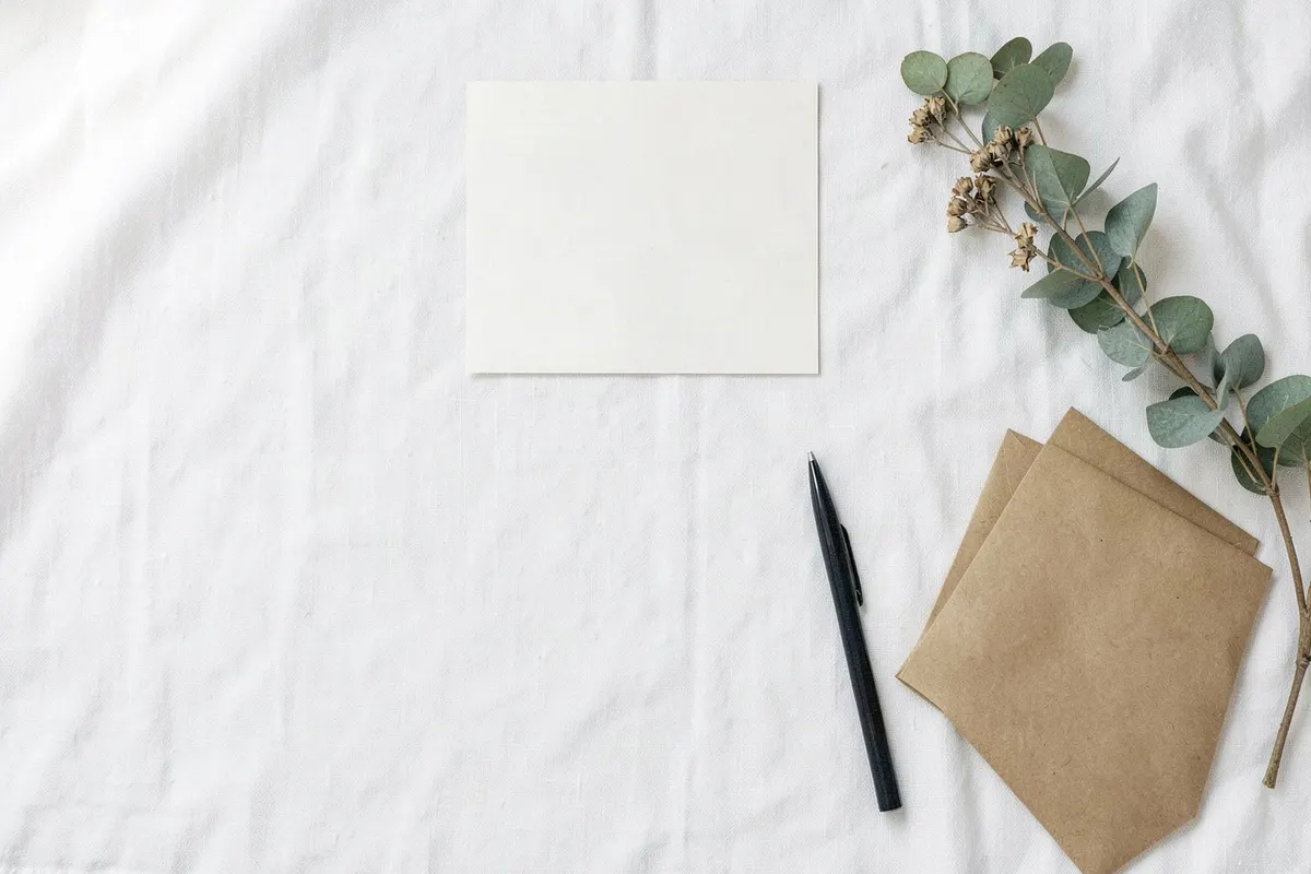 White linen tablecloth with a eucalyptus sprig, a black pen and a kraft envelope