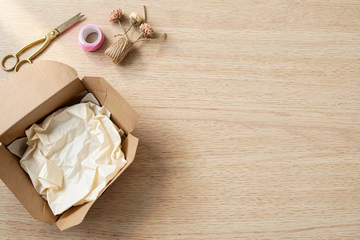 Light wooden table with an open kraft parcel, crumpled paper, twine and dried flowers