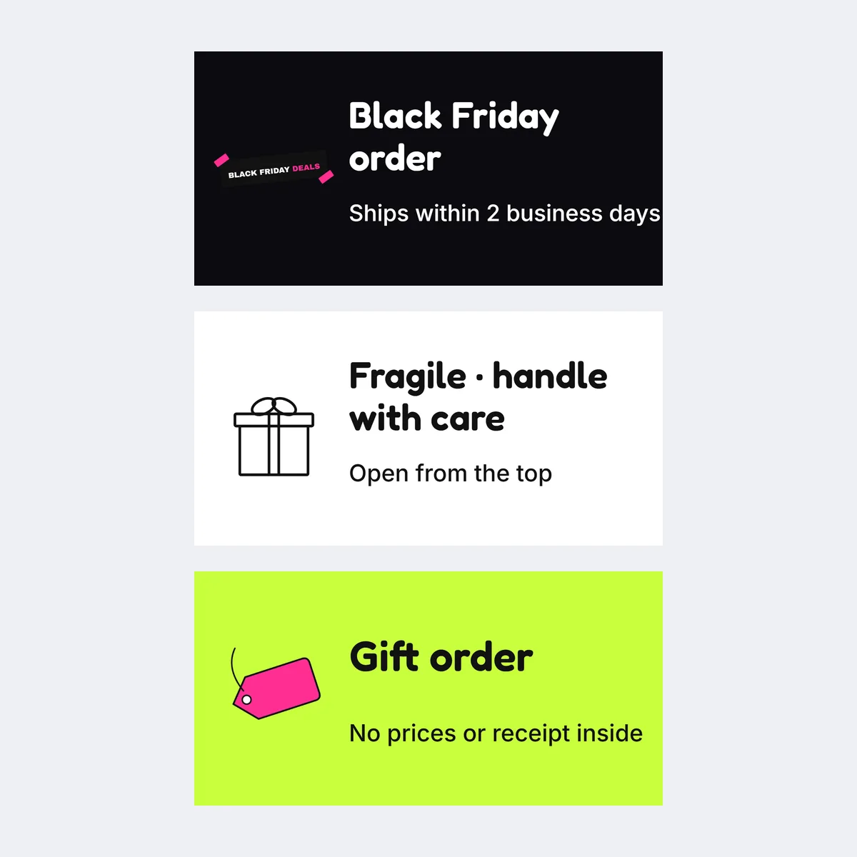 Three rectangle box label templates for a Black Friday order, a fragile parcel and a gift