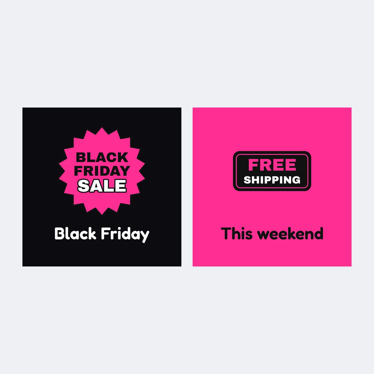 Two round Black Friday sticker templates reading Sale and Free shipping for parcel seals