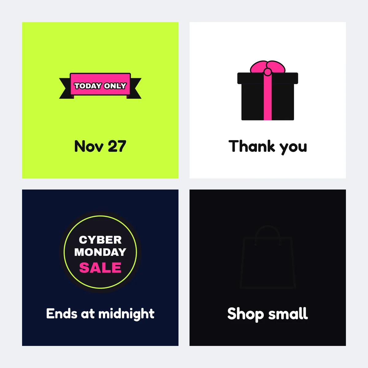 Four round sticker templates reading Today only, Thank you, Cyber Monday sale and Shop small