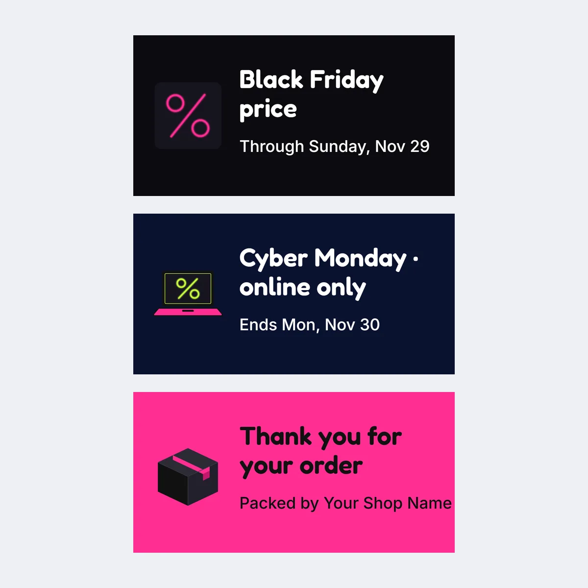 Three shelf and counter label templates for a sale shelf, Cyber Monday and a thank-you