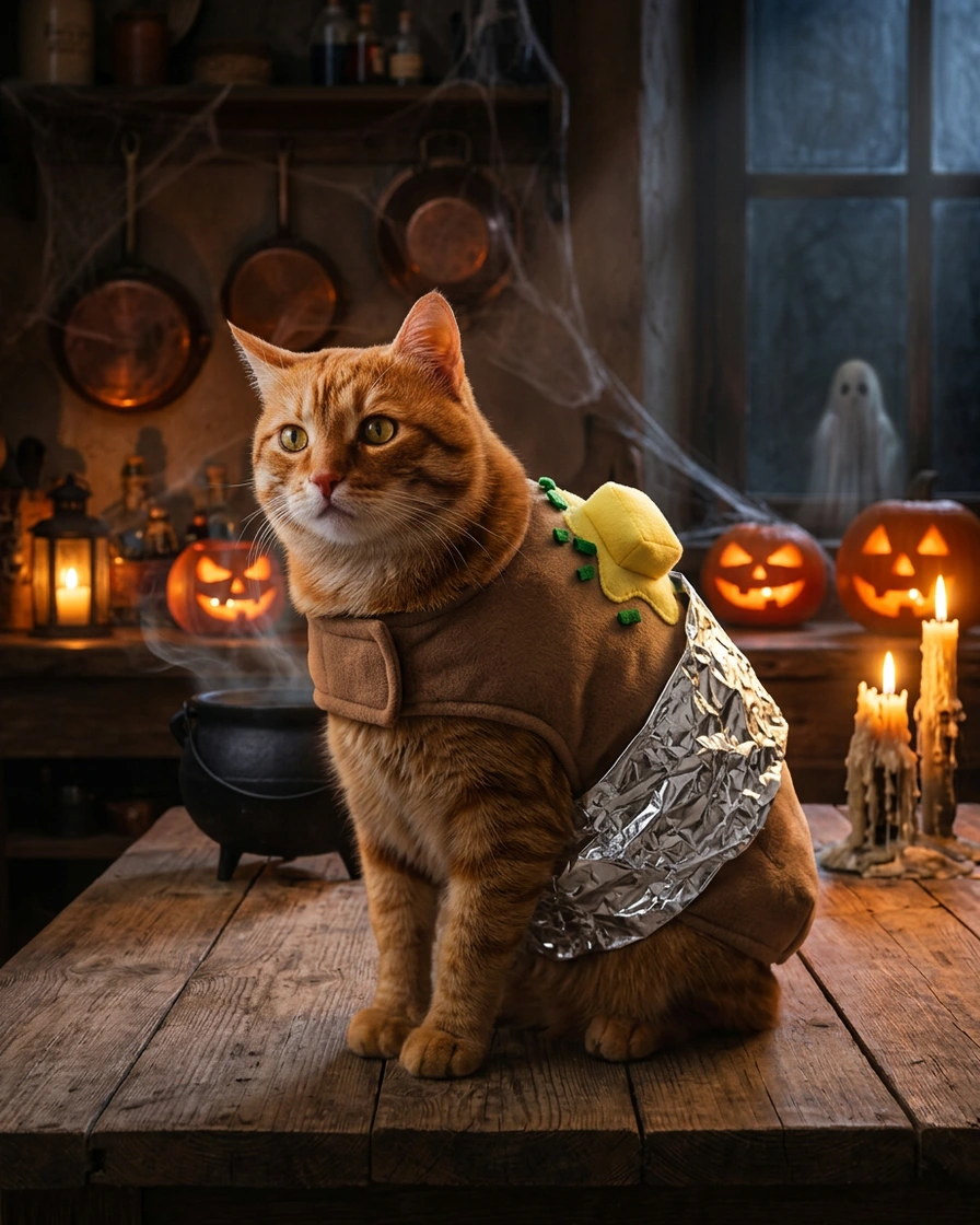 Photo prompt result: orange tabby cat in a felt potato shell in a witch's kitchen