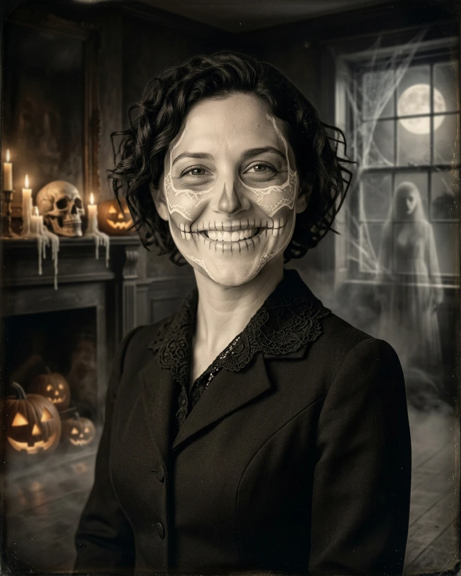 Bone Lace Skeleton prompt result: woman with ivory bone lines on her cheeks and painted teeth