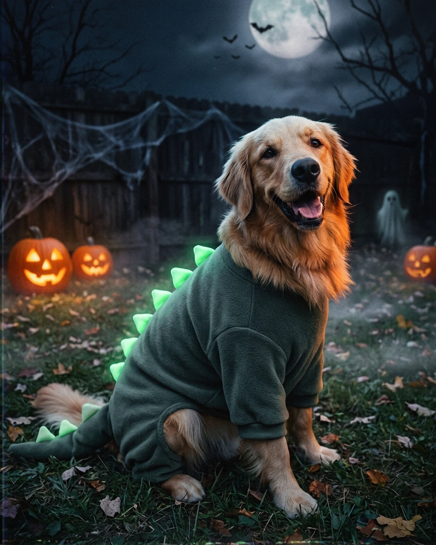 Pet Halloween prompt result: golden retriever in a green dinosaur suit with glowing spikes