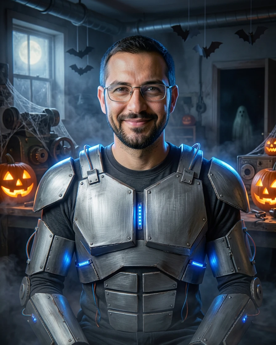 Halloween Robot prompt result: man with his glasses and beard in metal armour with blue lights