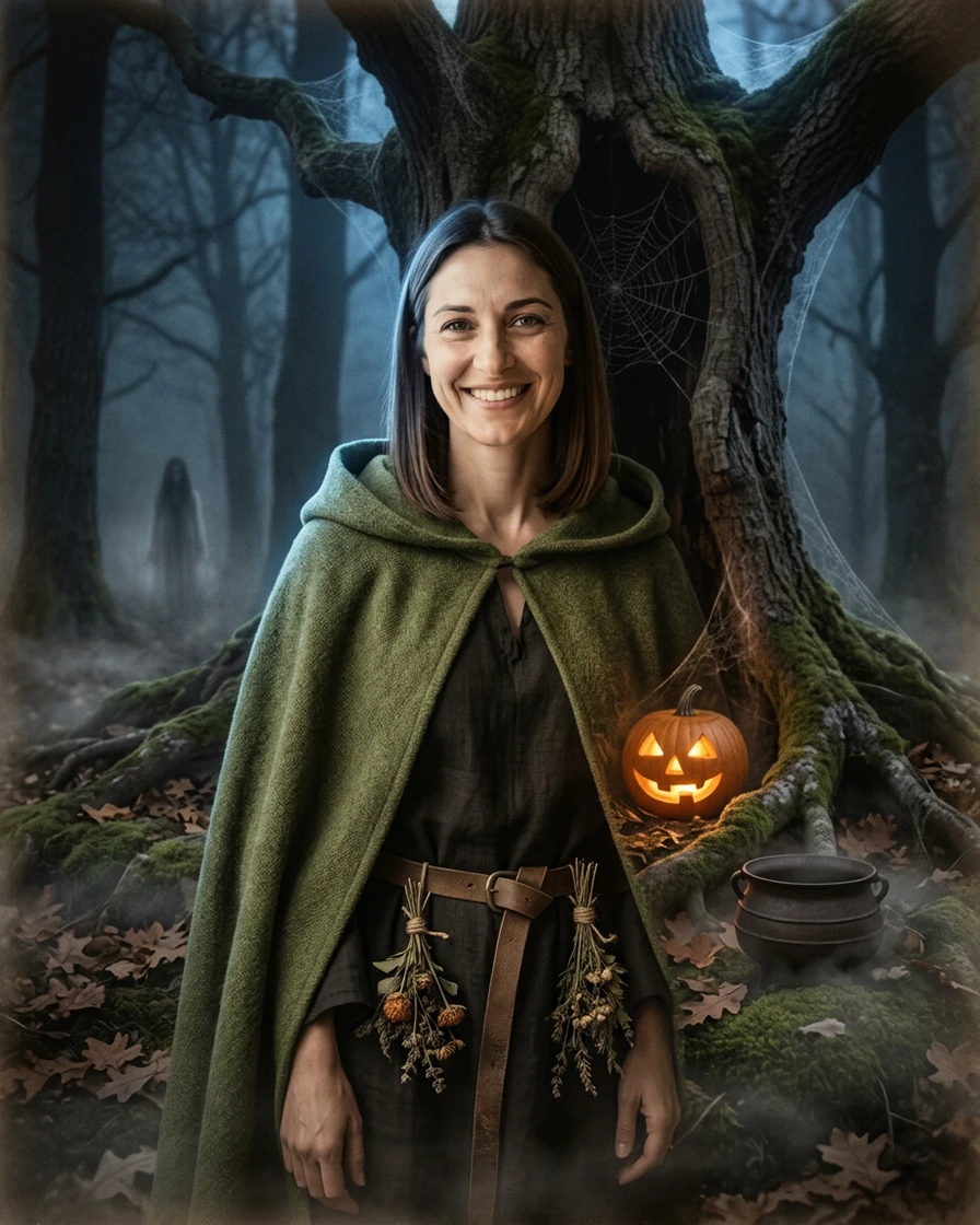 AI Halloween costume generator result: woman in a moss-green witch cloak by a hollow oak