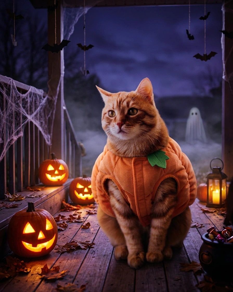 Pet Halloween costume on an orange tabby cat: a pumpkin outfit with a green felt leaf