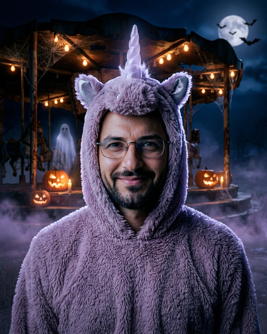 Moonlit Unicorn prompt result: man with glasses in a lilac unicorn hood with a glowing horn