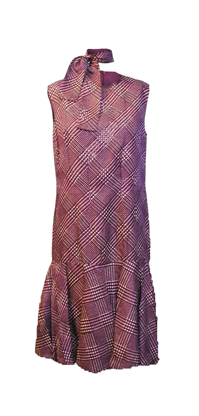 after: purple plaid sleeveless dress with a neck bow on an invisible mannequin