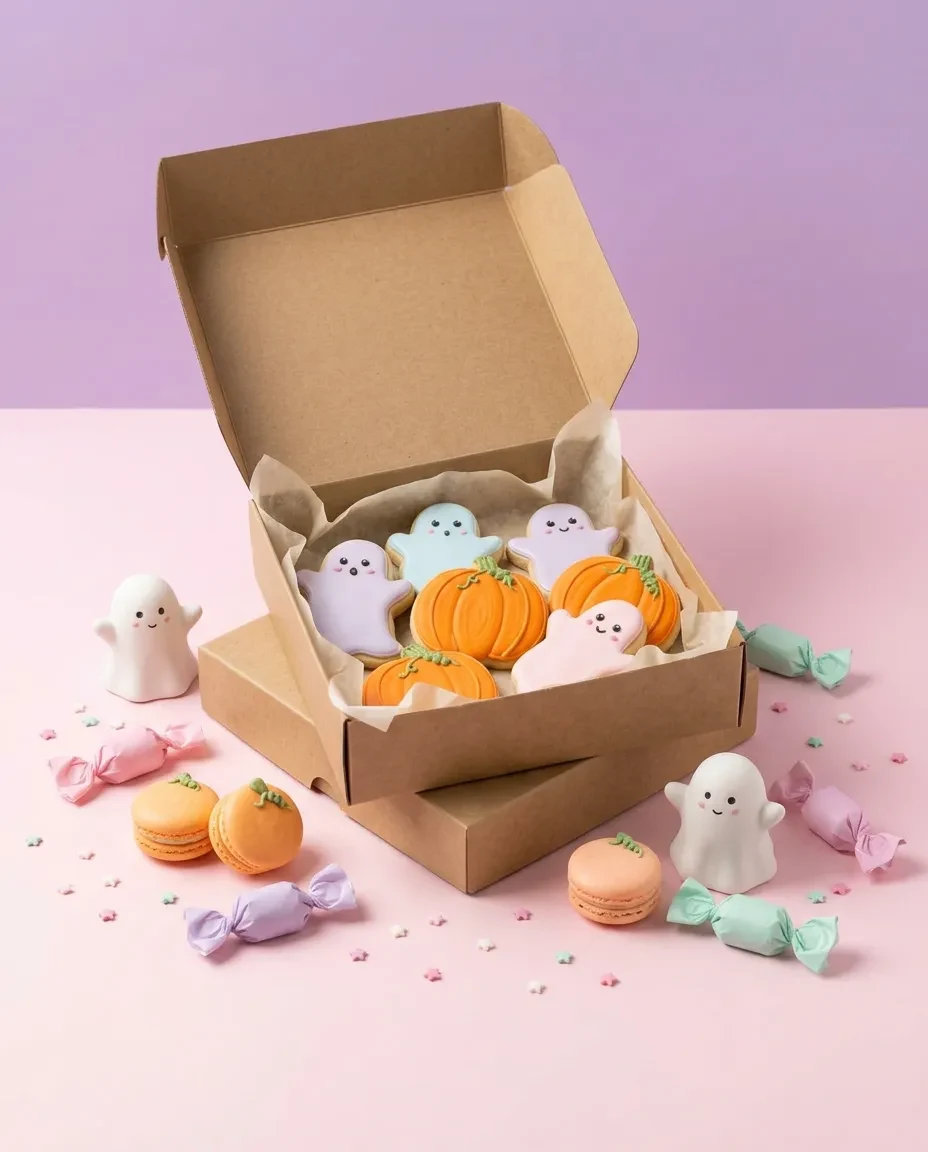 Kraft box of ghost and pumpkin cookies on a pastel pink set with ghost figurines and candy