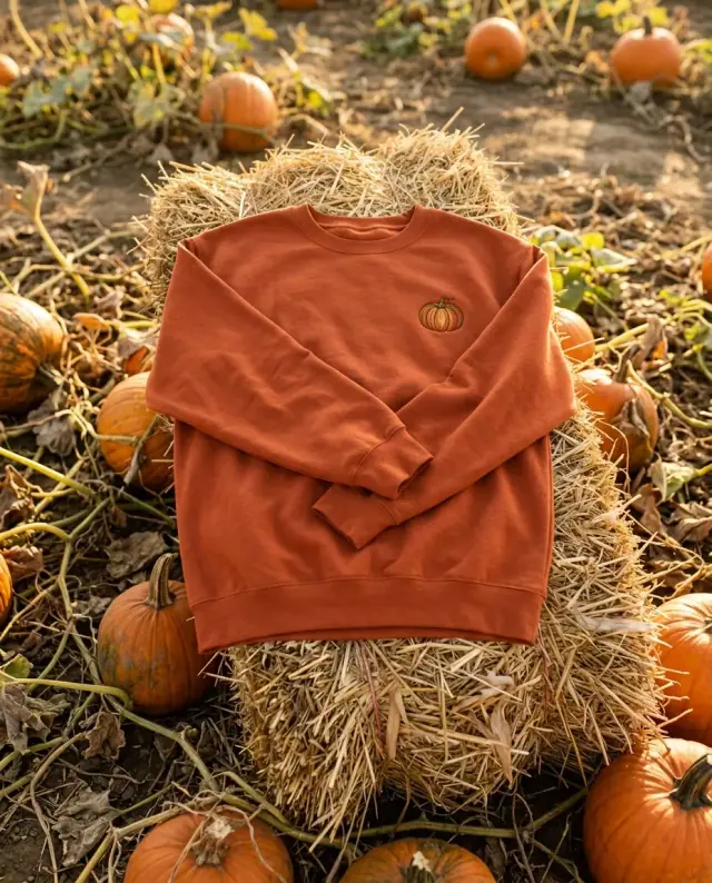 Rust-orange sweatshirt with a small embroidered pumpkin on a hay bale in a pumpkin patch