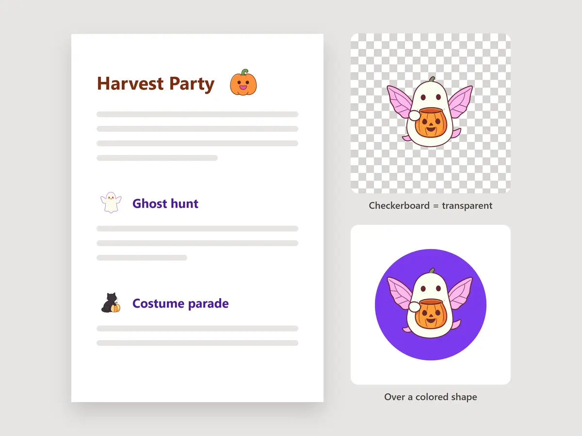 Party flyer decorated with Halloween clipart beside a ghost holding a pumpkin bucket, shown on a transparent checkerboard and over a purple circle