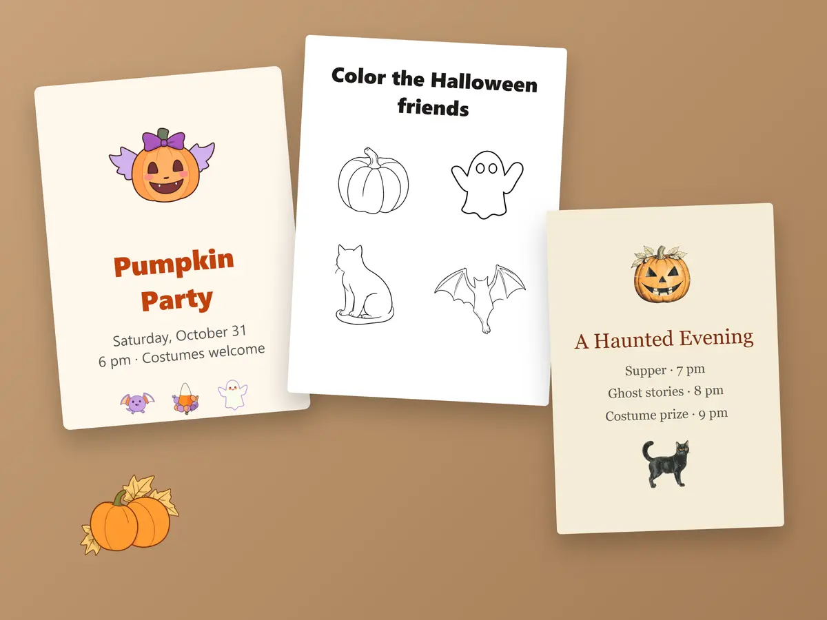 A Pumpkin Party card, a Halloween coloring sheet and a Haunted Evening menu card decorated with pumpkin, ghost, bat and cat clipart
