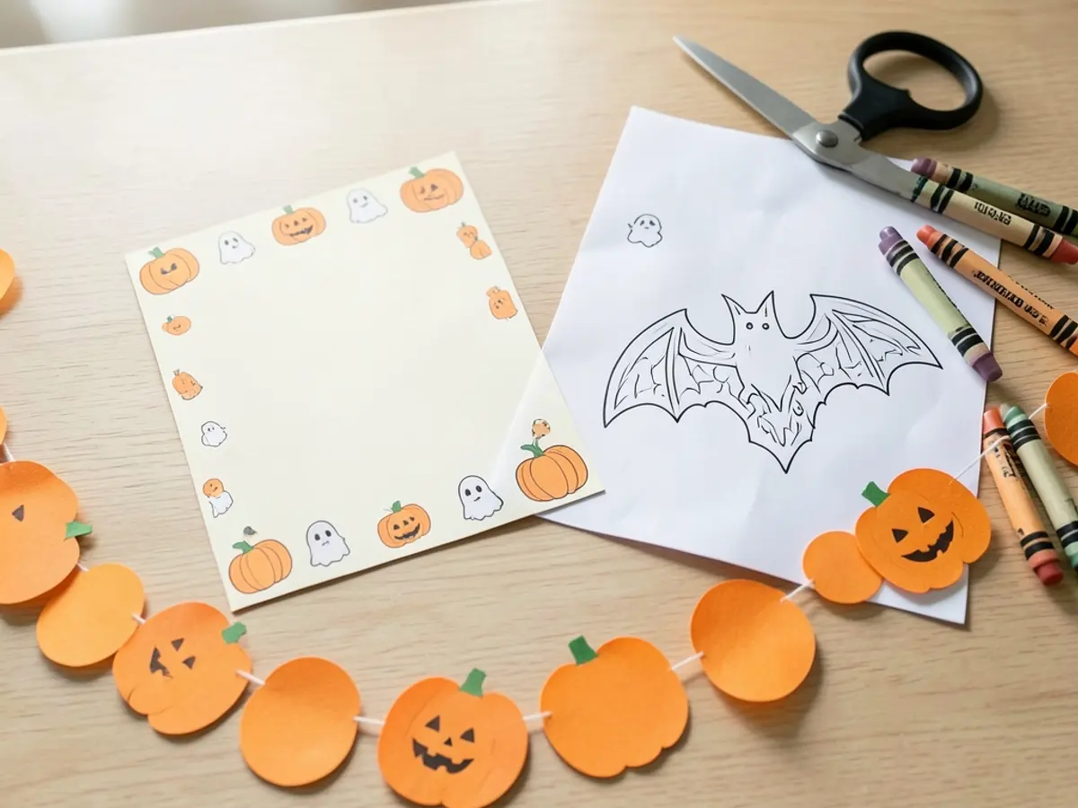 Pumpkin and ghost border sheet, bat coloring page with crayons and a paper pumpkin garland