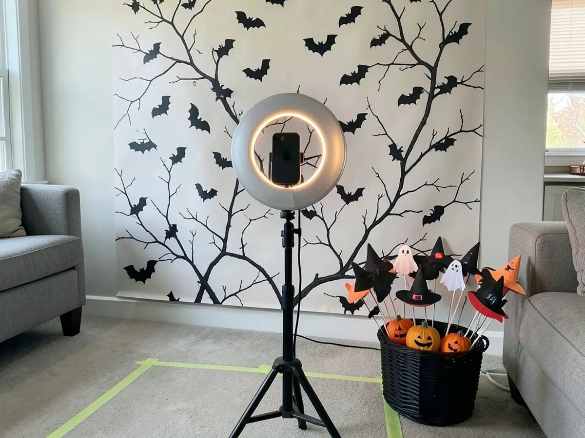 Phone on a tripod beside a light and Halloween backdrop