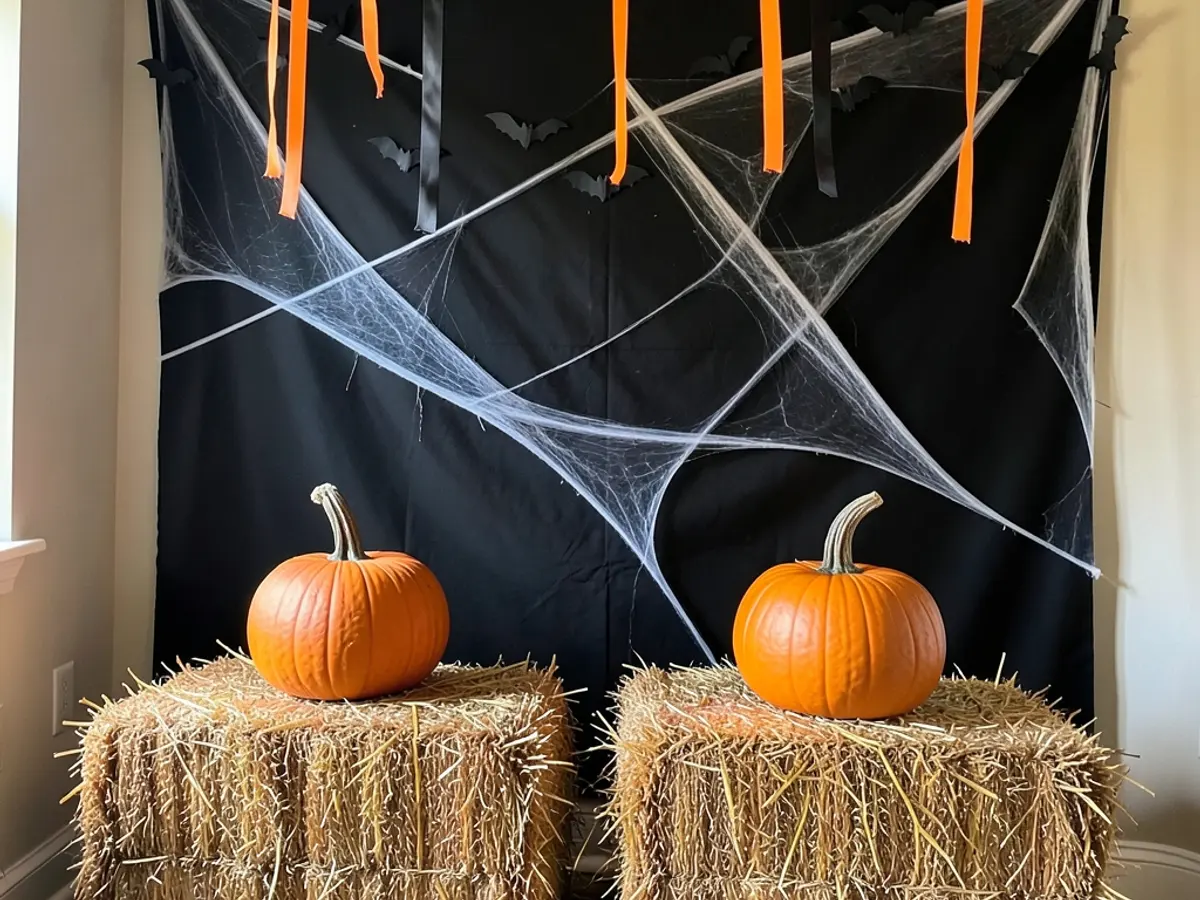 Halloween photo corner with a backdrop and pumpkins