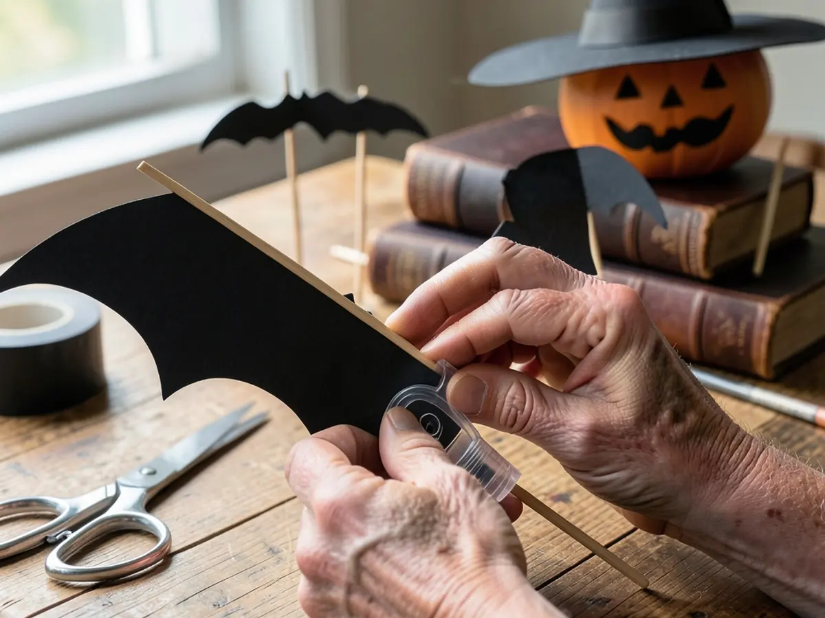 Printed Halloween props, scissors and wooden handles on a table
