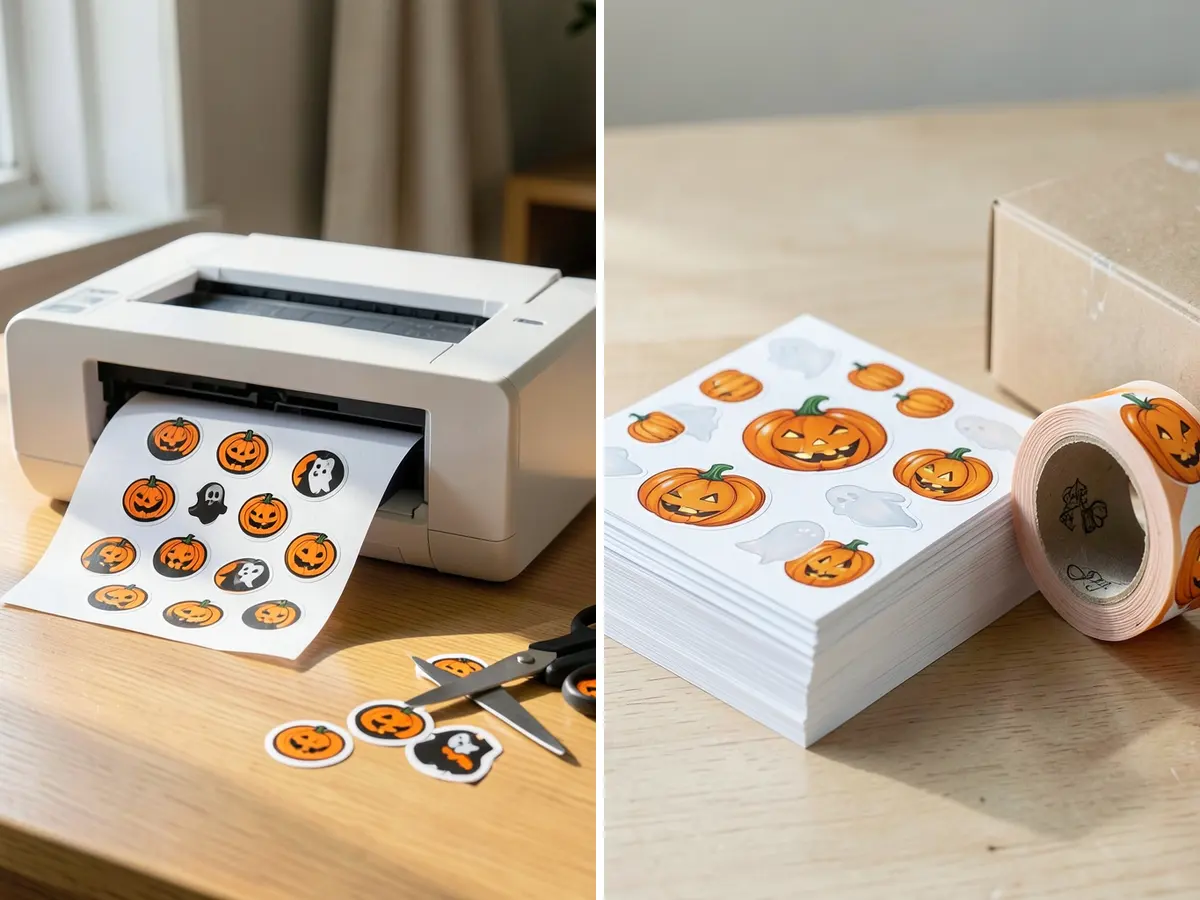 A home printer feeding out pumpkin stickers beside a stack of printed sheets and a sticker roll