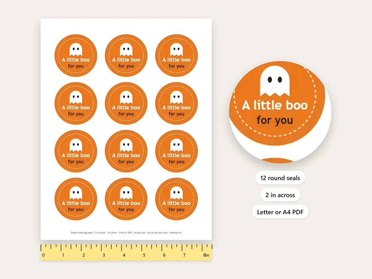 A Halloween sticker sheet beside a ruler