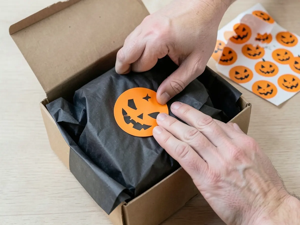 Hands peeling a Halloween sticker and sealing tissue paper around a parcel