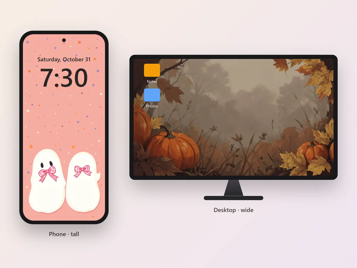 Pink ghosts with ribbons on a tall phone wallpaper beside pumpkins and autumn leaves on a wide desktop screen