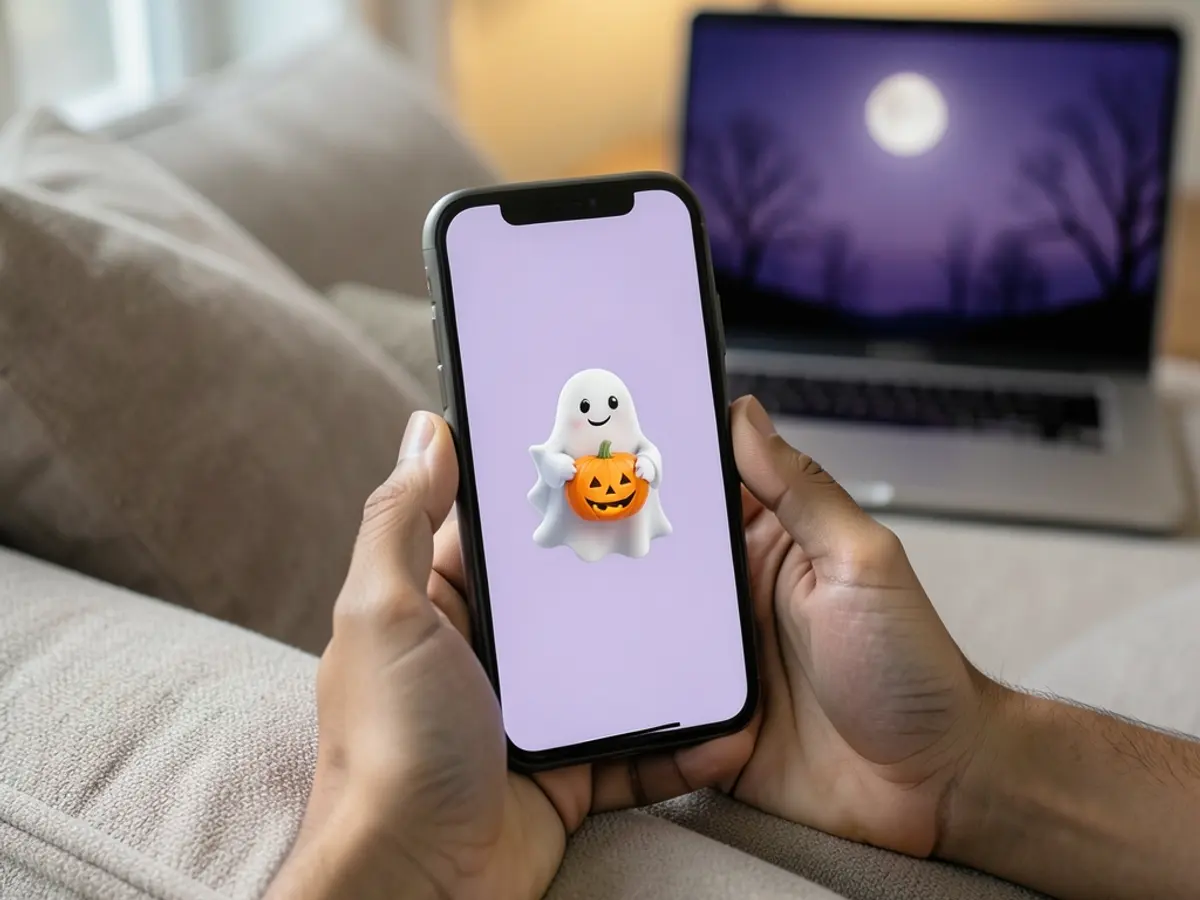 Hands holding an iPhone with a ghost and pumpkin wallpaper, a laptop with a moonlit wallpaper behind