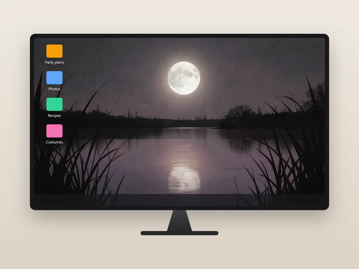 Desktop monitor with a moonlit purple lake wallpaper and a column of shortcut icons kept to the left edge