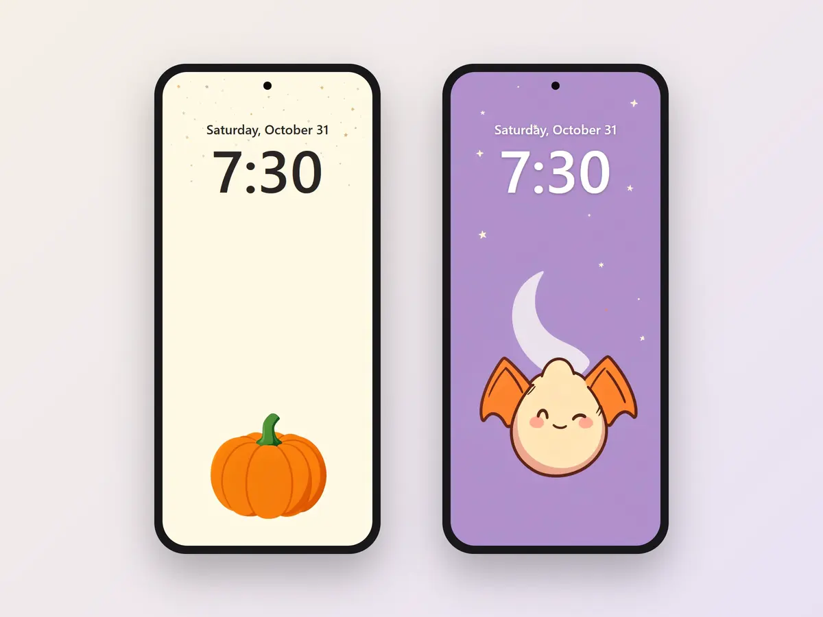 Two phone lock screens with Halloween wallpapers: a small pumpkin on cream and a bat under a moon