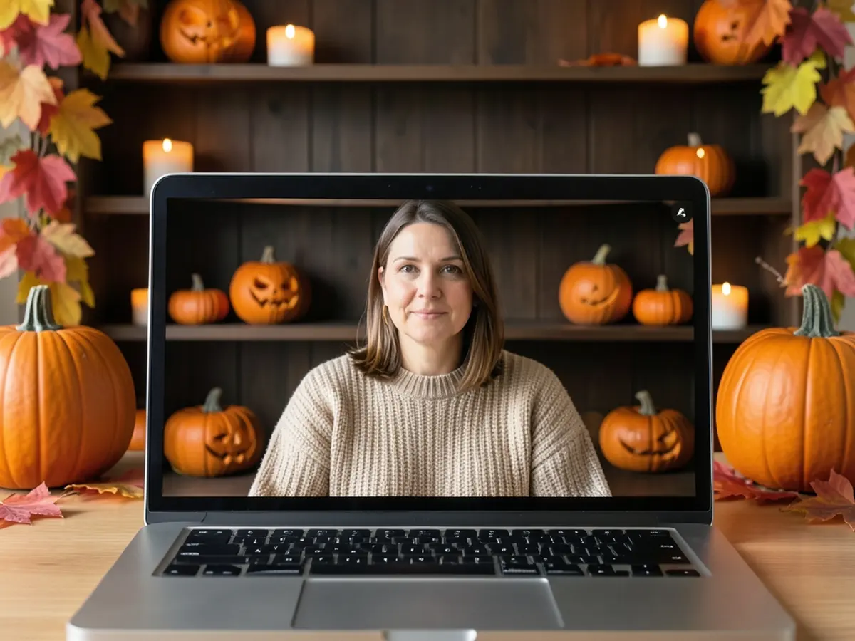 Laptop video call with a woman in front of a Halloween background of shelves, pumpkins and candles at the edges