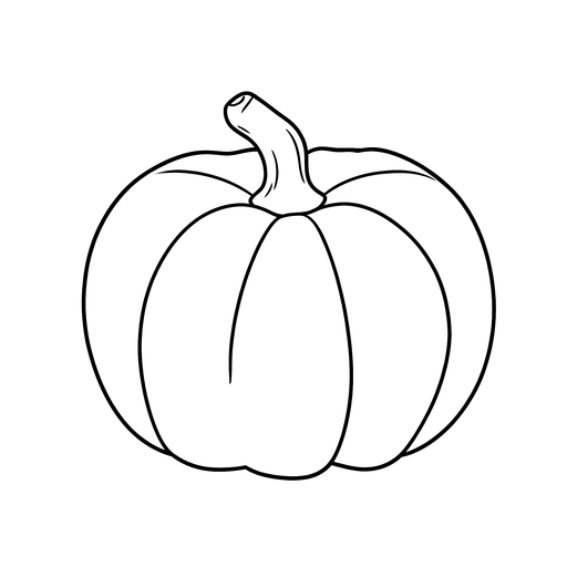 Black line drawing of a round pumpkin and curled stem on transparent background